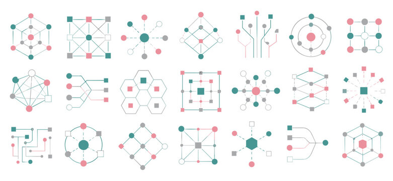 Collection of abstract data structure icons representing network connections, blockchain, and information flow, featuring minimalist geometric shapes in a modern color palette