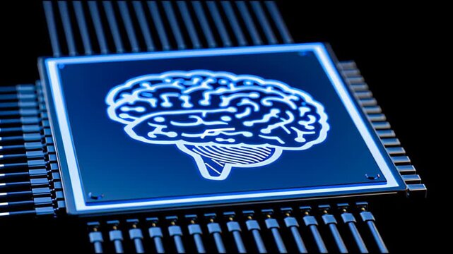 Digital AI brain glowing on computer chip, machine learning concept, futuristic artificial intelligence and machine