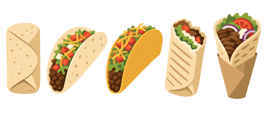 Collection of illustrated Mexican street food including burritos, soft and hard shell tacos, and a shawarma wrap with meat and vegetables, in a flat vector art style