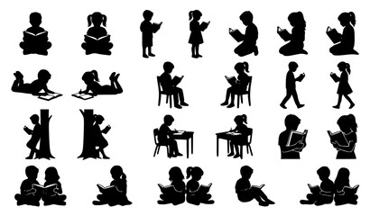 Obraz premium Boys and Girls Reading Books Silhouette Collection with Children in Different Reading Poses