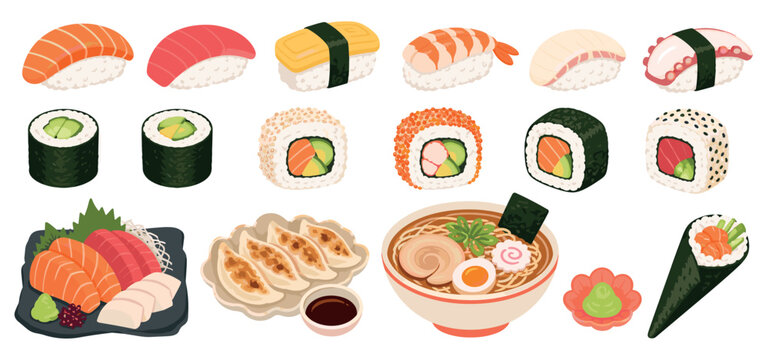 Large illustrated set of various Japanese food including sushi, sashimi, ramen, and gyoza dumplings presented in a colorful and detailed cartoon vector style