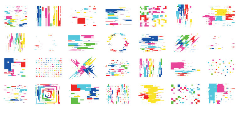 Set of abstract colorful glitch elements featuring dynamic geometric shapes, pixelated patterns, and distorted lines in a vibrant, modern, and energetic digital art style