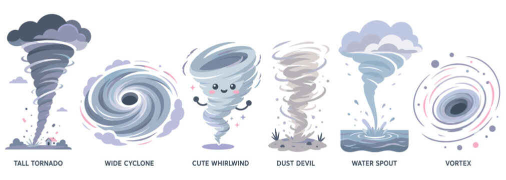 Collection of six illustrated weather phenomena shows a tornado, cyclone, whirlwind, dust devil, waterspout, and vortex in a flat, educational cartoon vector style