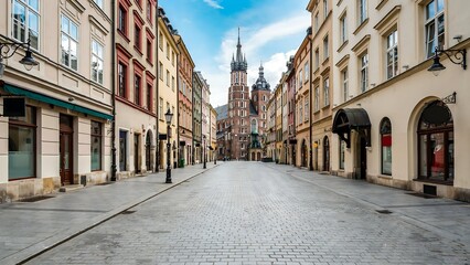 Fototapeta premium Empty historic street in krakow leading to saint marys basilica poland