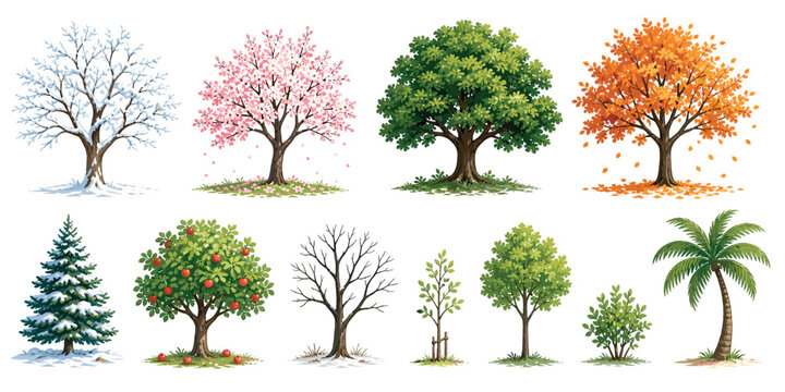 Collection of various illustrated trees showing the four seasons and different plant types like pine, apple, and palm, representing the cycle of nature and growth
