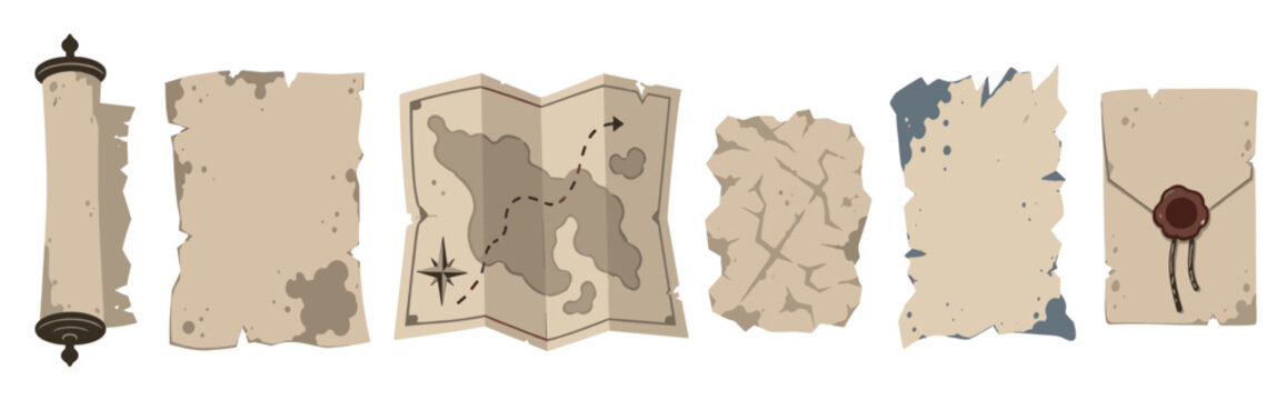 Set of ancient pirate parchment scrolls and a treasure map with a compass rose and route, illustrated in a flat cartoon style with aged, torn, and stained details