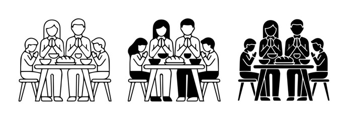 Family Praying Before Meal, Icon Set: Diverse Styles, Simple Figures, Mealtime Rituals