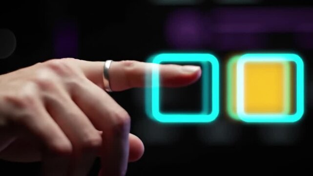 Hand reaching toward glowing neon square buttons on black digital background.