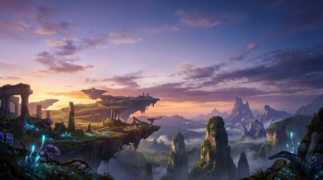 fantasy game environment, a vibrant fantasy landscape with atmospheric lighting and expansive negative space
