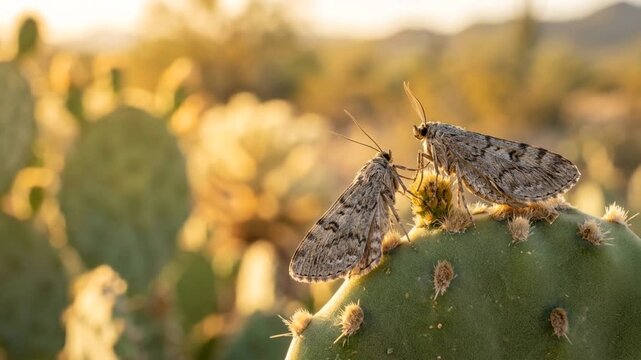 two cactus moth close up in sonora desert golden light video