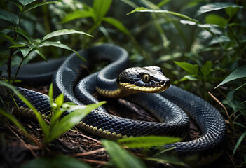 Obraz premium Close-up of a black snake coiled in green underbrush