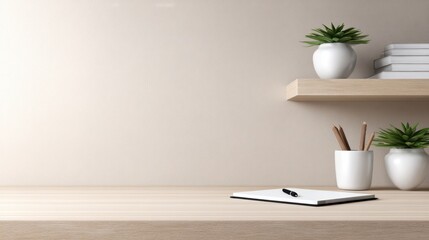 Fototapeta premium A minimalist desk setup featuring a notepad, pen, and potted plants on wooden shelves