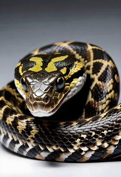 Close-up of coiled carpet python snake in studio
