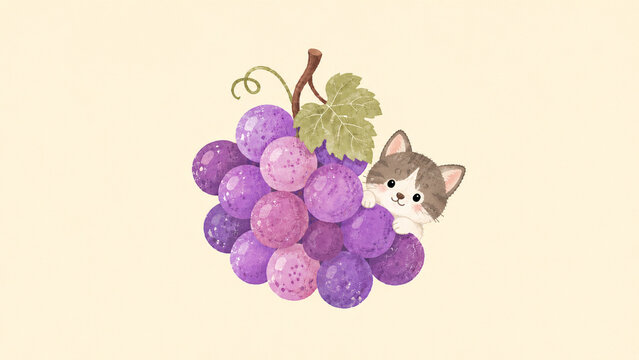北欧風デザインのぶどうから顔を出すハチワレ猫のかわいいイラスト