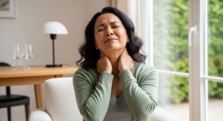 Fototapeta premium Middle-aged Woman Suffering from Severe Neck Pain and Muscle Tension While Sitting at Home