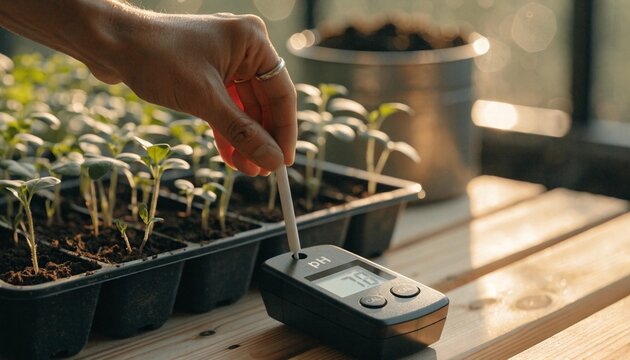Hand calibrating digital soil pH meter beside young garden seedlings in nursery tray on sunlit potting bench, sustainable growing test for healthy plants and spring planting success