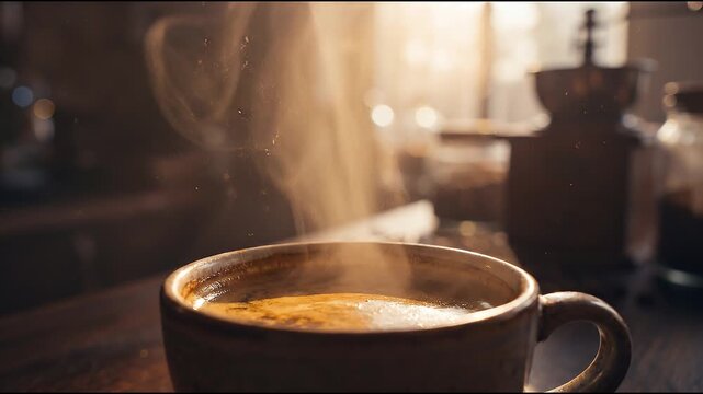 Artisan Coffee with Steam in Warm Morning Light