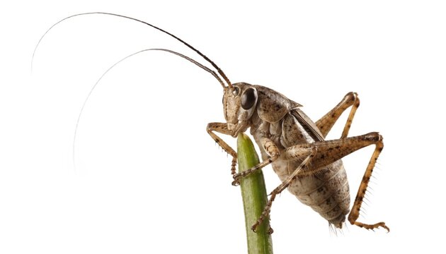 Macro studio portrait of brown field cricket perched on fresh green stem, isolated on white background with long antennae, textured legs and sharp photoreal insect detail for biology research