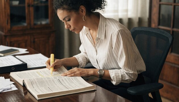 Female paralegal highlighting passages in a thick legal document at polished office desk, focused case research with binders, papers and warm daylight in quiet professional law workplace