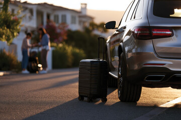 Fototapeta premium A stylish suitcase sits next to a luxury car on a picturesque street, emblematic of sophistication and adventure awaiting in a beautifully crafted travel scene.