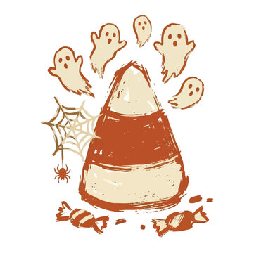 Hand drawn vintage style candy corn with floating ghosts and spiderweb isolated on white background.