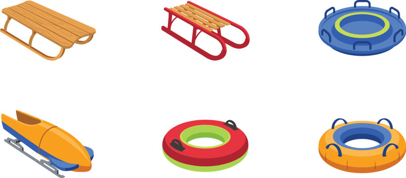 Winter sled and snow tubing vector illustration set featuring wooden sleighs colorful bobsled inflatable snow tubes and donuts for seasonal outdoor winter fun activities