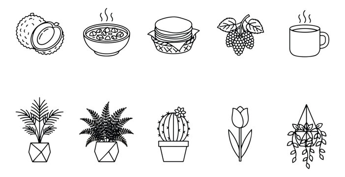 Minimalist line art icons set, 10 vector elements featuring potted houseplants and breakfast food items, clean black and white botanical and cafe graphics