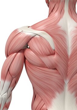 Detailed 3D Illustration of Human Shoulder and Back Musculature Anatomy Isolated on White Background