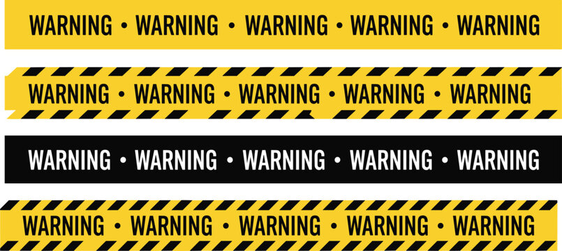 Warning tape banner set with yellow and black hazard stripes, caution labels, safety message strips and danger alert signage in vector design
