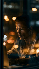 Obraz premium Late Night Grind: A focused man works diligently on his laptop in a dimly lit room, the city lights blurred in the background, creating an atmosphere of intense concentration and dedication.