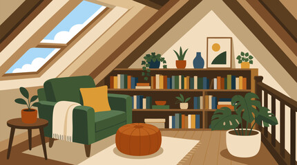 Cozy attic loft reading nook vector illustration with skylight windows, green armchair, bookshelves, houseplants, warm wood beams and peaceful converted home library sunlit retreat decor © Abu