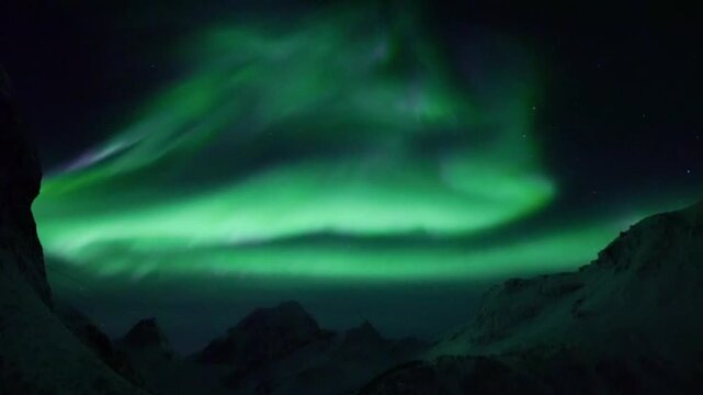 The aurora is dominated by a brilliant green hue that dances and weaves gracefully across the heavens, blending subtly with a touch of purple at its upper edges.