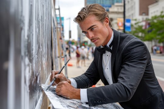 Artist creates urban mural while dressed in formal attire during a lively street event