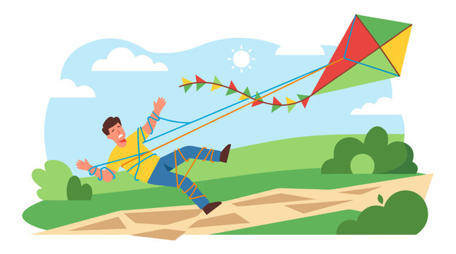 Whimsical flat vector scene of a worried man wrapped in colorful kite lines while a huge diamond kite pulls him over a sunny park path, funny spring recreation accident and breezy outdoor chaos