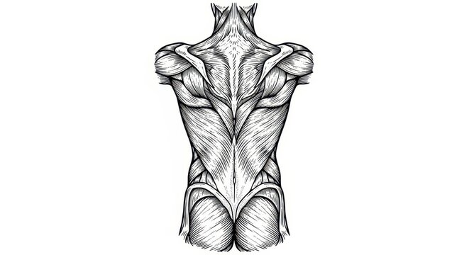 Detailed Anatomical Illustration of Human Back Muscles in Vintage Engraving Style Isolated on White Background
