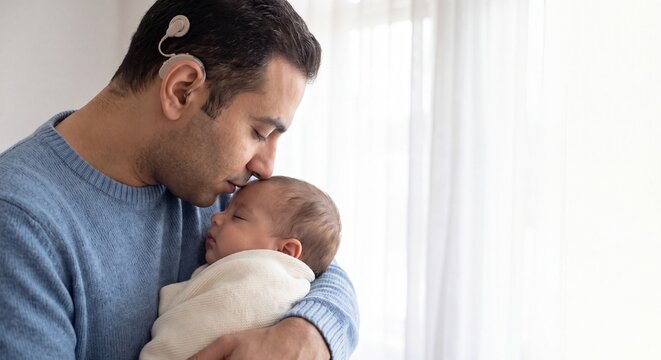 Medium close up of a loving father wearing a cochlear implant sharing a quiet, tender moment touching foreheads with his infant baby.