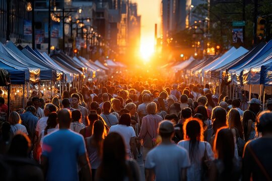 Sunset Crowd at Outdoor Market Stalls