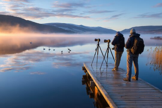 Early morning photographers capturing tranquil landscape at a lakeside location