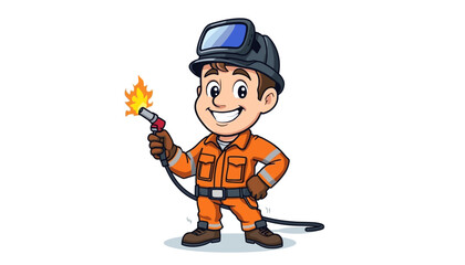 Obraz premium Cartoon Firefighter and Policeman with Guns Wearing Helmets and Uniforms, Worker Characters with Tools Vector Illustration for Kids