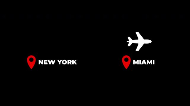New York to Miami airplane travel flight route map animation