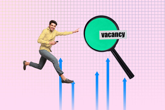 Zine trendy full 3d banner creative collage of happy businessman businesswoman run magnifier lens zoom vacancy search arrow