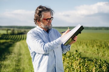 Fototapeta premium Middle-aged man with glasses writing in a notebook while standing in a vineyard, lush green grapevines and blue sky visible in the background