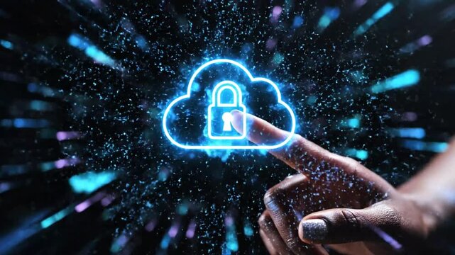 Hand touching a glowing neon cloud icon with a padlock for secure digital data storage