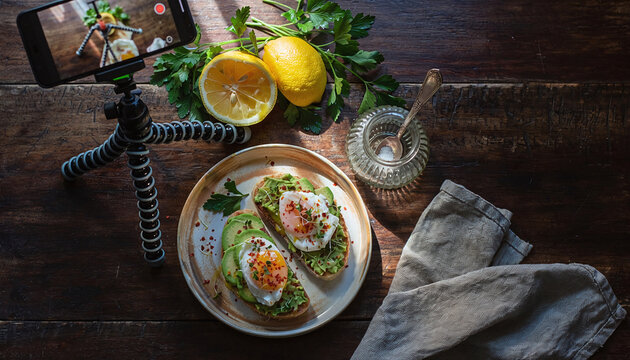 A rustic topdown view of healthy avocado toast and poached eggs being filmed on a smartphone. Cozy morning light evokes a creative culinary mood. Perfect for food bloggers. Nobody.