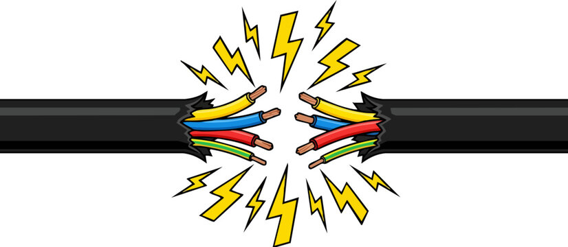 Broken electric cable with sparking lightning bolts, damaged power wire with exposed copper, electrical short circuit vector illustration