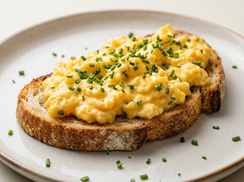 Creamy scrambled eggs with chopped chives on a slice of toasted sourdough bread