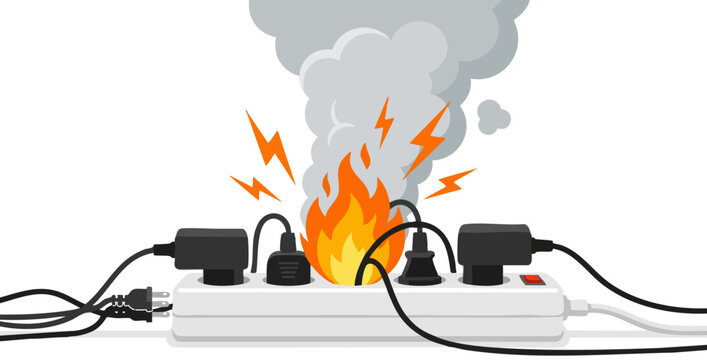Electrical fire on overloaded power strip, burning extension cord with sparks and smoke, household short circuit hazard vector illustration