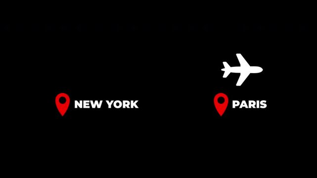 New York to Paris airplane travel flight route map animation