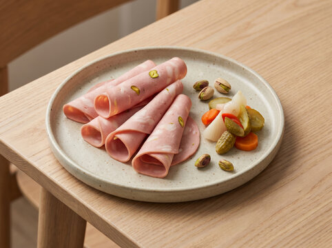 Rolled slices of mortadella with pistachios and pickles on a plate
