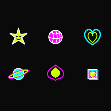 Set of retro futuristic Y2K aesthetic neon icons including star globe heart and planet elements